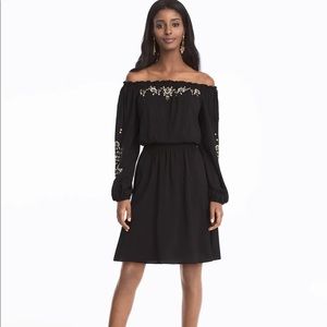 Off the Shoulder Embroidered Black Blouson Dress
